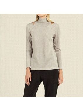 Clara Sun Woo Ribbed Knit Mock Neck Cold Shoulder Sweater, size S
